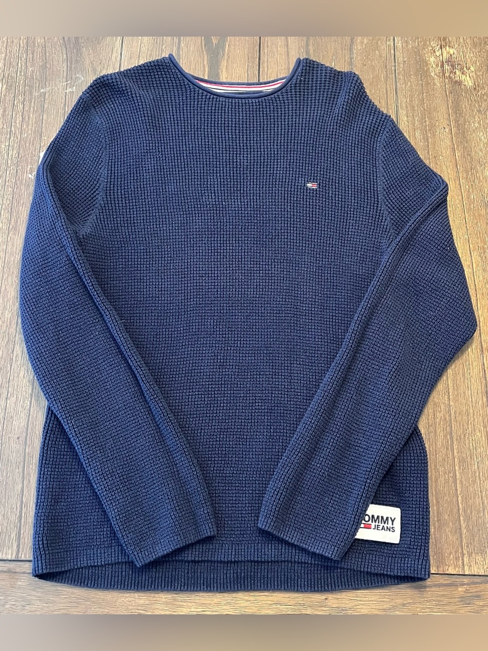 Vintage Tommy Hilfiger Jeans Waffle Knit Sweater Navy Blue Mens Small Y2K 90’s